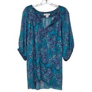 Roper Western Sheer Paisley Tunic Blouse 3/4 Sleeve Blue Womens Large Retro Boho